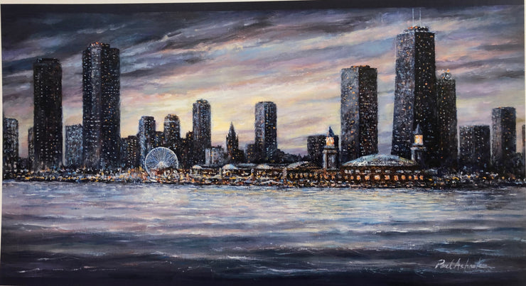 Chicago skyline navy pier, Chicago cityscapes, chicago artwork, chicago prints, chicago skyline print, chicago skyline oil painting, Chicago skyline art for sale, chicago scenes art, chicago skyline, gifts of art, gifts of chicago art