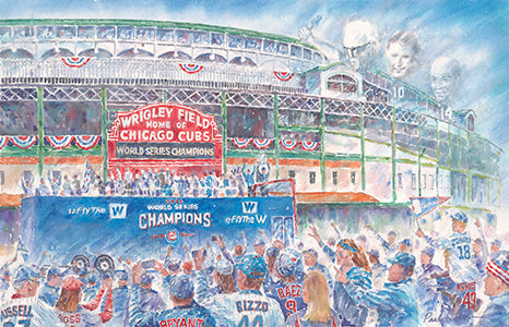 chicago Wrigley Field cubs, World Series parade print, Chicago cubs World Series parade, Ernie banks, harry carry, Ron Santo, Rizzo, Chicago cubs prints, gifts for guys, gifts of art