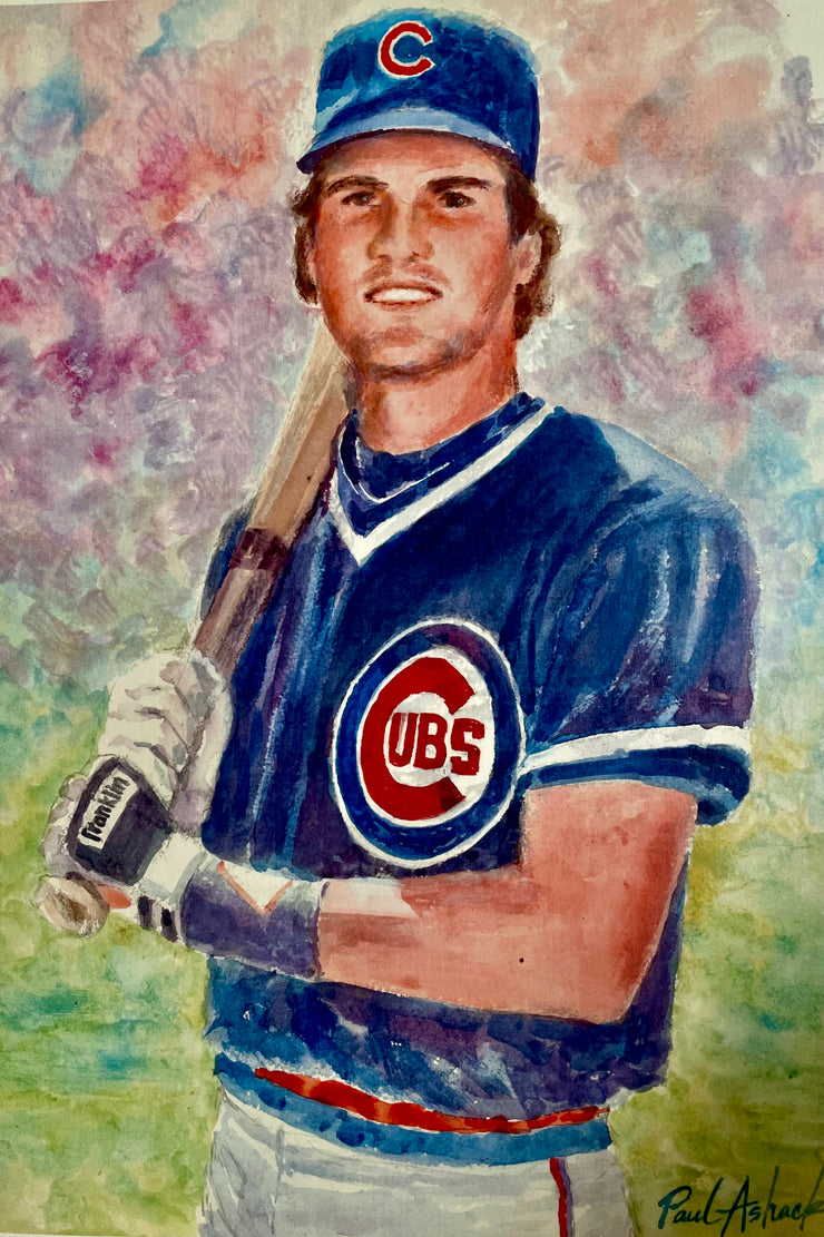 Ryne Sandberg is sitting in thev Hall of Fame. He played sixteen seasons for the Chicago Cubs. We all know him as “Ryno”. This is a watercolor painting I have the original and I also reproduced it so that everyone can afford one to add to your Wrigley Field House collection.  Ryne Sandberg art.