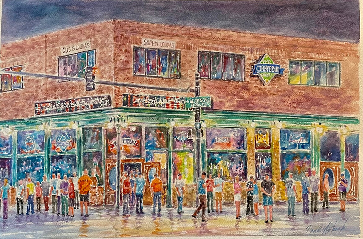 Cubby Bear bar in Wrigleyville. The home base of the Chicago Cubs. This is a painting/print/art of the Cubby Bear. This is one of my favorite Bars in Wrigleyville to dance and hear listen to live music.  Wrigley and cubs art 