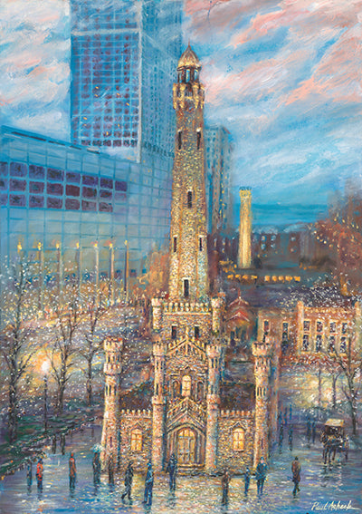 chicago water tower prints, chicago water tower oil painting, chicago waterpower art for sale, chicago water tower print for sale, michigan ave, Chicago historic building, chicago fire, breathtaking Chicago art work, Chicago wall art, Chicago wall art for sale, chicago art prints, gifts of art