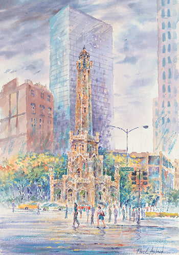 chicago water tower art print for sale, chicago water tower, summer in chicago, chicago art for sale, affordable chicago art work, gifts from chicago, michigan ave prints