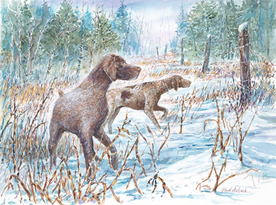 hunting dog winter scene, pointer hunting dogs, hunting dog print, German short haired dogs, German short haired print