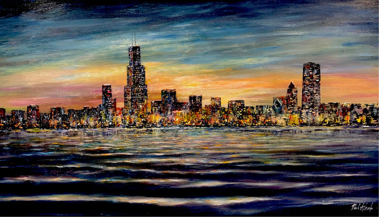 chicago skyline oil painting, Chicago skyline at dusk, chicago cityscapes, skyline prints, chicago art work,  Chicago scenes, Chicago willis tower, Chicago sears tower