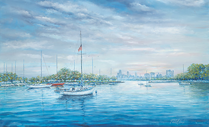 montrose harbor chicago print, chicago lake front, chicago lakefront, sail boat print, sail boat oil painting, affordable chicago prints, affordable chicago artwork, Montrose harbor print