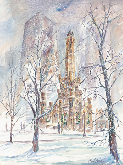 winter scene chicago, the water tower Christmas time, the water tower michigan ave, chicago snow storm, chicago cityscape print, chicago landmark art for sale, chicago art work, Chicago prints