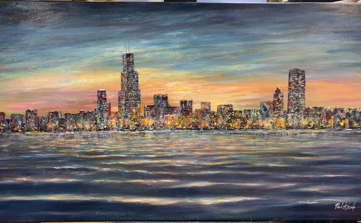 chicago skyline at dusk, Chicago skyline Lake Michigan, chicago artwork, Chicago oil painting